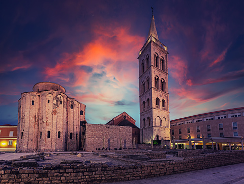 Saint Anastasia Cathedral, Katedrala Sv. Stosije, Zadar, Croatia Travel background with beautiful sky, tourist attraction