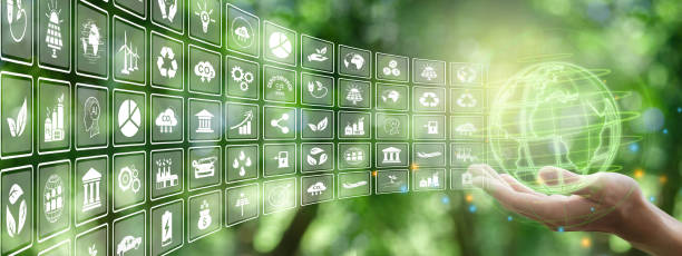 Environment Illustration for environmental, business or green investment concepts. Virtual screen with icons on green background use for ads or web banners or whatever. Leave spaces to enter text. sustainable business stock pictures, royalty-free photos & images