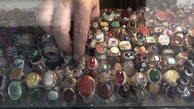 Various Rings with gemstones displayed