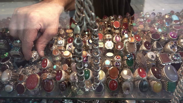 Various Rings with gemstones displayed