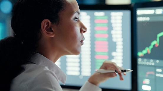 Stock market trader, investment manager or portfolio broker analyzing data, statistics and information about finance, share prices and indices. Business woman thinking and working on a computer