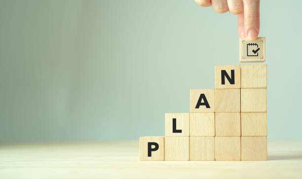 istock Effective time planning and management concept. Business or project or task planning. Daily plan. PLAN text and timeline management icon on wooden cube blocks on clear background and copy space. 1497891918