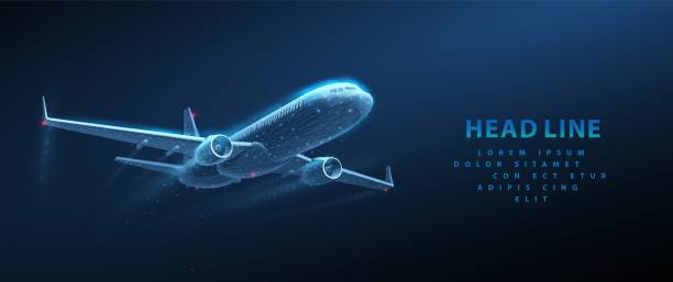 Passenger airplane in air. Isolated on blue. Air transport navigation, aircraft innovation Passenger airplane in air. Isolated on blue. Air transport navigation, aircraft innovation, travel concept, futuristic tech, aviation technology, AI in aviation, night flight, cargo journey aerospace technology stock illustrations
