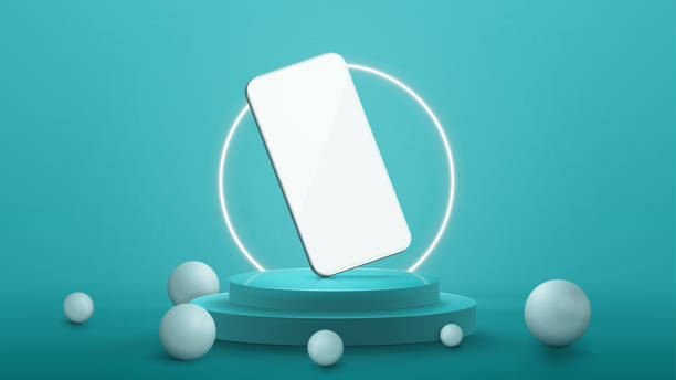 istock White smartphone on blue podium in blue abstract scene with neon white ring and 3D spheres around podium. 1497895994