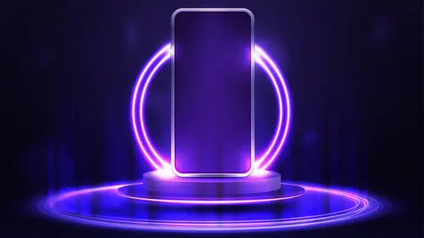 Vector illustration of Smartphone mockup on empty purple podium floating in the air with purple neon rings on background and hologram of digital rings on a floor