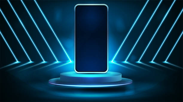istock Smartphone on podium in empty blue scene with diagonal blue line neon lamps on background. Smartphone mockup with neon elements 1497896055