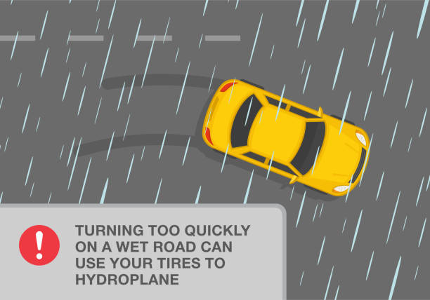 tipps und regeln für sicheres autofahren. fahren auf einer regnerischen und rutschigen straße. wenn sie auf nasser straße zu schnell abbiegen, können reifen zum wassergleiten verwendet werden. draufsicht. - skidding car tire rain stock-grafiken, -clipart, -cartoons und -symbole