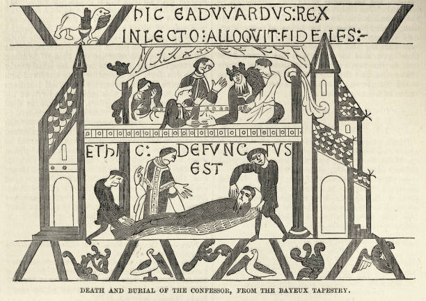 śmierć i pochówek edwarda wyznawcy, z gobelinu z bayeux, historia podboju normańskiego - tkanina z bayeux stock illustrations