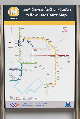 Bangkok,Thailand - 6June, 2023:  Yellow line route map of Electirc train in Thailand