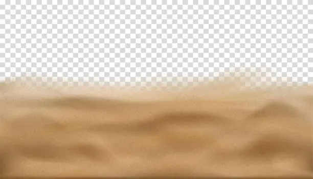 Vector illustration of Sand beach texture with soft waves isolated on transparency background.3d Vector Horizon Top view yellow desert sand dune or sea sand,Summer Background for Sale Banner,Template,Seasonal discount