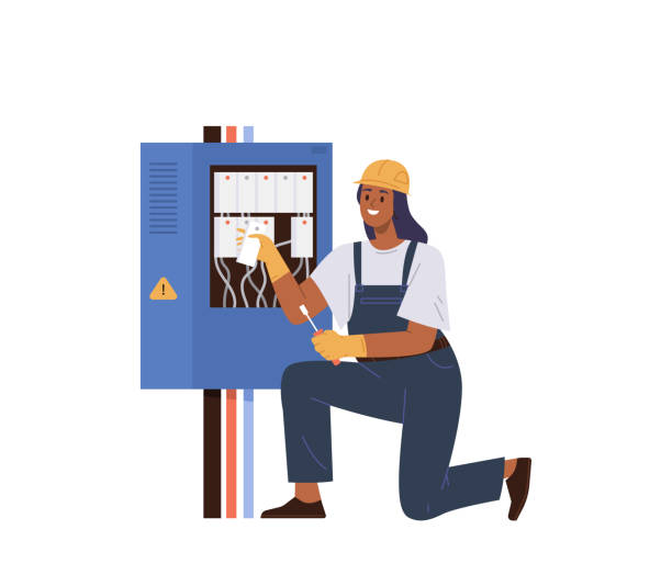 ilustraciones, imágenes clip art, dibujos animados e iconos de stock de mujer ingeniera electricista servicio de mantenimiento trabajador de mantenimiento de carácter comprobación de la reparación de la caja de energía del cruce - instalación eléctrica