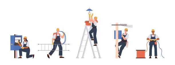 Vector illustration of Set of electricians and installers people cartoon characters working to repair electrical equipment