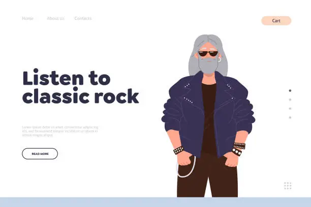 Vector illustration of Listen to classic rock landing page design template performing rock-end-roll music concert