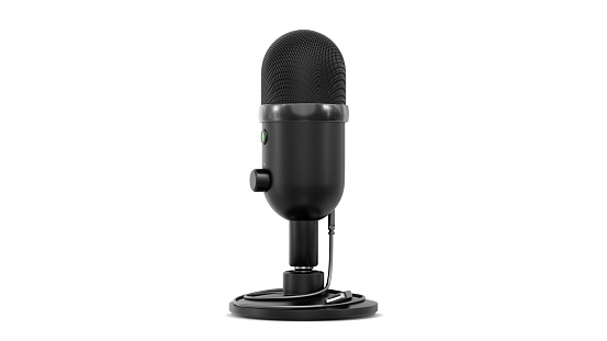 Microphone usb on the white background isolate. Concept style voice recording. Broadcast studio record modern style. USB Microphone on a white background, Condenser Recording Microphone on stand. 3D render