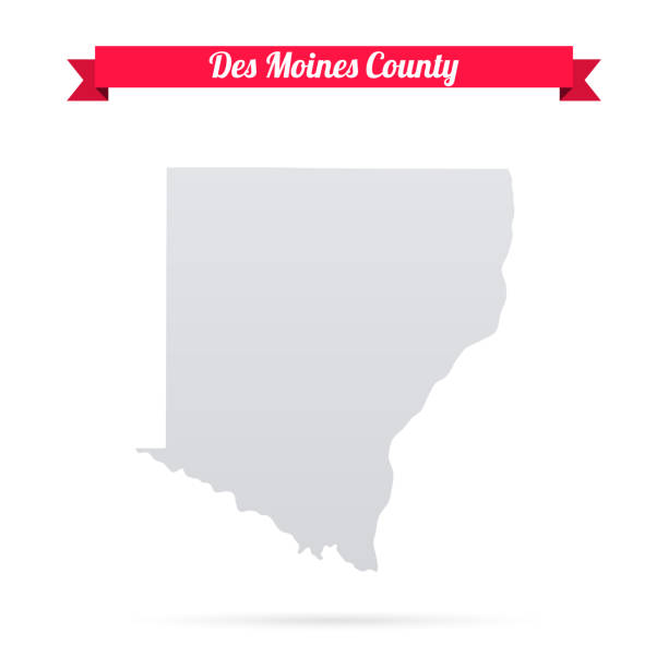 Des Moines County, Iowa. Map on white background with red banner Map of Des Moines County - Iowa, isolated on a blank background and with his name on a red ribbon. Vector Illustration (EPS file, well layered and grouped). Easy to edit, manipulate, resize or colorize. Vector and Jpeg file of different sizes. des moines silhouette stock illustrations