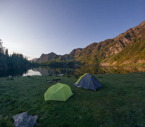 Crowd of climbers at the last camp to the top of Mount Talang stock photo