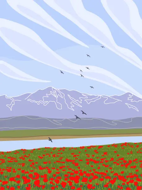 Vector illustration of Landscape with  Mountains,  River,  Poppy Field and  Flying Birds