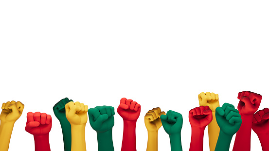 Juneteenth Freedom Day  featuring hands clenched in a fist, red, green and yellow on a transparent background with an alpha channel.