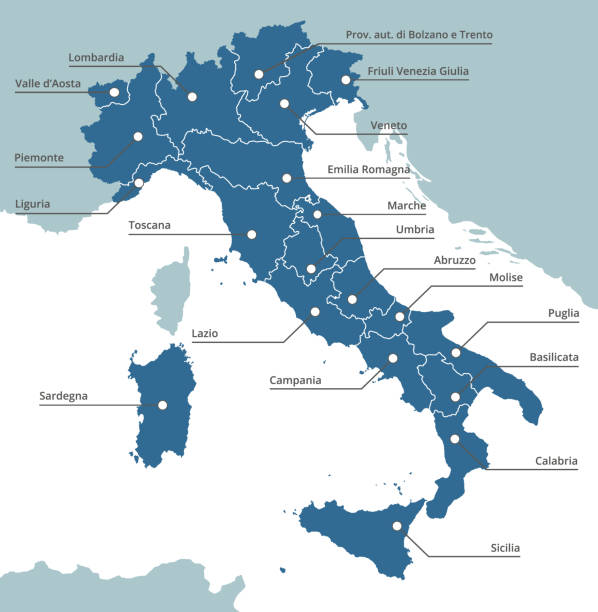 illustrazioni stock, clip art, cartoni animati e icone di tendenza di mappa dettagliata dell'italia con le regioni - marche