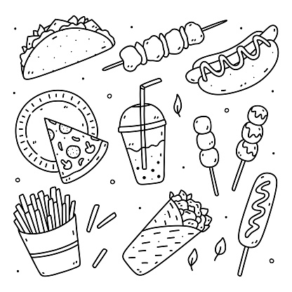 Doodle set of street food - taco, burrito, hot dog, pizza, French fries, kebab, corn dog and dango. Fast food clipart. Vector hand-drawn illustration. Perfect for various designs, cards, logo, menu.