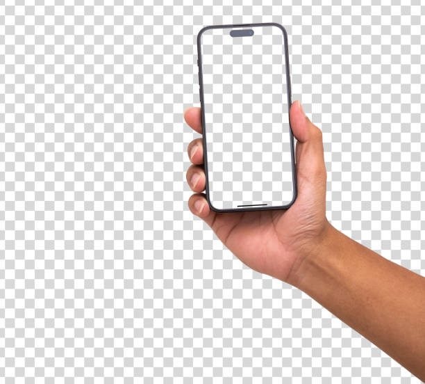 istock Hand holding smart phone Mockup and screen Transparent and Clipping Path isolated for Infographic Business web site design app 1497903440