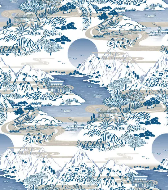 Vector illustration of Seamless pattern vector Illustration showing a charming landscape in Old Korea, with a river flowing through the mountains.