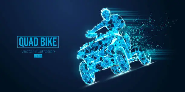 Vector illustration of Abstract wireframe silhouette of a ATV Quad bike, All-Terrain vehicle from triangles and particles on blue background, isolated. Rider jumps on quad bike. Vector illustration