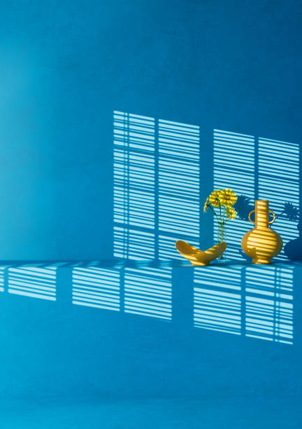 istock Interior Room 3D Rendered Still Life Vase, Bowl and Daisy flowers and Casted window Shadow 1497906752