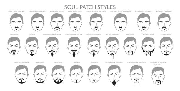 ilustrações, clipart, desenhos animados e ícones de conjunto de soul patch barba e bigode com nome estilo de texto homens rosto ilustração cabelo facial vector retrato masculino moda - men human hair beautiful chin