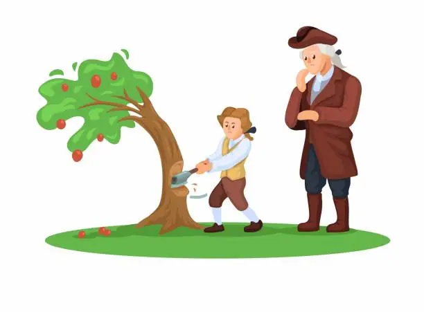 Vector illustration of George Washington Cutting Cherry Trees With His Father. First President Of The United States America Iconic Story Scene illustration Vector