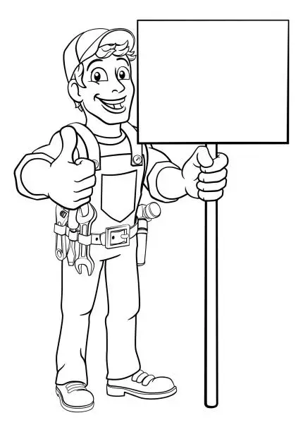 Vector illustration of Handyman Cartoon Caretaker Construction Sign Man