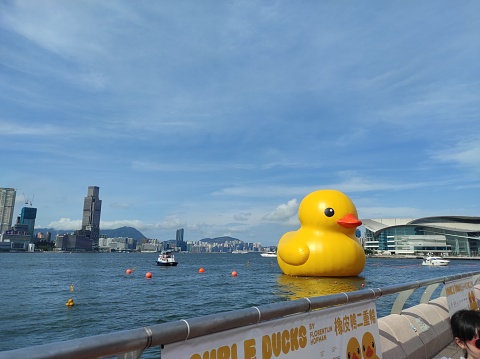 Hong Kong, June 11, 2023 : Giant yellow duck balloon exhibition in Victoria harbour, Hong Kong.