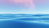 3d render Surreal blue wavy sea or ocean with pastel cloudy sky background, ocean surface with ripples, abstract landscape scene.