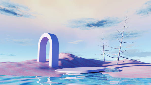 istock 3d render Surreal pastel landscape background with geometric shapes, abstract fantastic desert dune in seasoning landscape with arches, panoramic, futuristic scene with copy space, blue sky and cloudy 1497915746