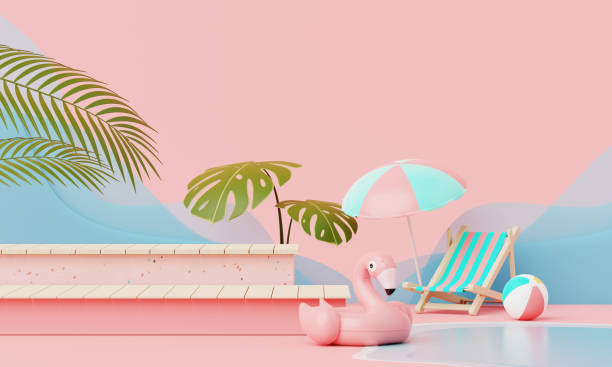 istock Summer vacation beach abstract background concept, Minimal Realistic Display Podium for Product mock-up or Cosmetics with summer pink theme, beach umbrella, chairs, inflatable ring. 3d rendering 1497915769