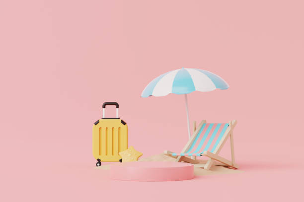 istock Summer vacation beach abstract background concept, Minimal Realistic Display Podium for Product mock-up or Cosmetics with summer pink theme, beach umbrella, chairs, inflatable ring. 3d rendering 1497915783