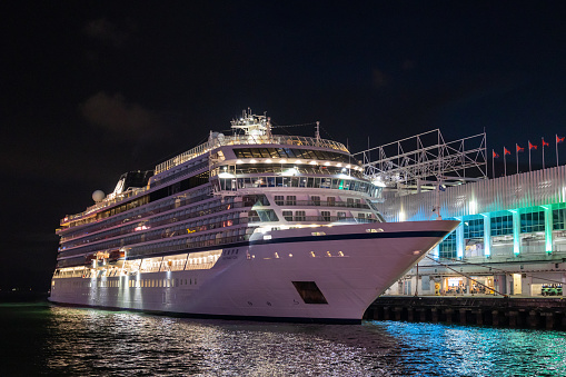 Hong Kong - June 9, 2023 : Zhao Shang Yi Dun cruise ship docked at Victoria Harbor, Hong Kong.