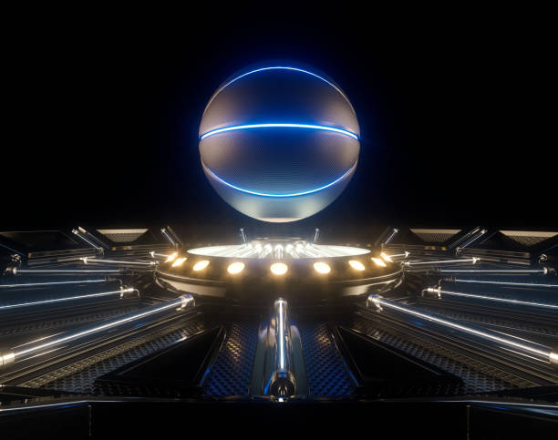 A futuristic sports concept of a basketball ball lit with neon markings floating above a futuristic neon stage  - 3D render