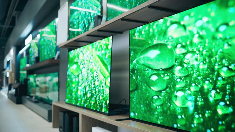Wide Angle View of Retail Home Electronics Store Displaying Array of Different Modern TVs. Colorful Flat-Screen Televisions Showcase Cutting-Edge Color Quality in Modern Showroom Setting