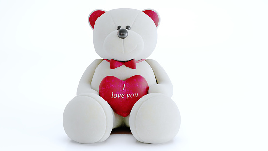 Cute teddy bear with red heart isolated on white, bear doll holds a heart with i love you word, 3D render