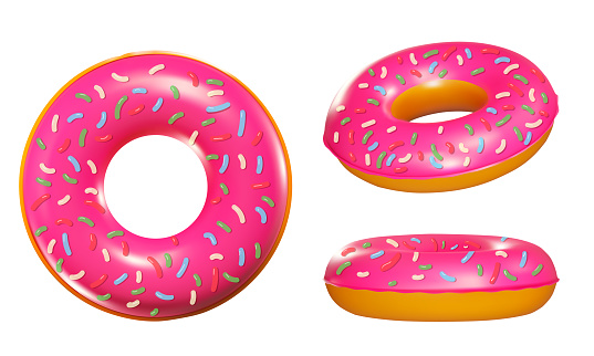 A render of a donut-shaped swim ring with sprinkles. different angles. Vector 3D illustration isolated on white background