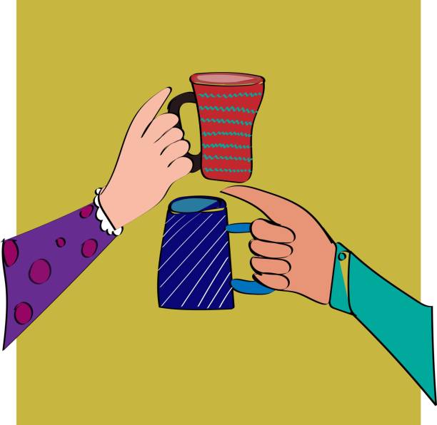 Cheers! For the coffee lovers. Flat cartoon illustration of hand holding cup of coffee or tea. funny lovely mug. Ready to party. Female hands holding cups with tea. Side view. Hand drawn colored trendy vector illustration. Cartoon style. Flat design. Hands with coffee or tea, isolated cheers to toasting, celebration and leisure. Aromatic beverage with caffeine, hot liquid in mugs. Cappuccino or espresso, doppio or mocha. Flat cartoon vector indian pouring tea stock illustrations