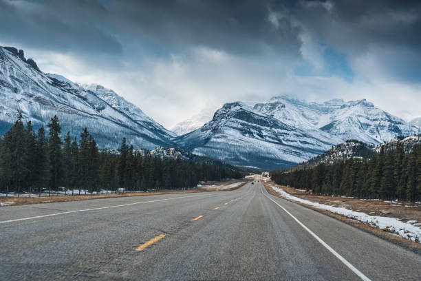 istock Highway road on the Icefields Parkway with rocky mountains and pine forest in winter 1497922385