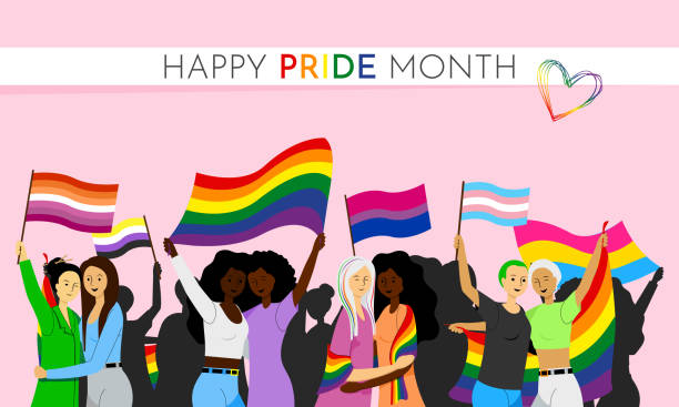 ilustraciones, imágenes clip art, dibujos animados e iconos de stock de personas con banderas del arco iris durante el mes del orgullo y apoyan la igualdad y los derechos - rainbow gay pride homosexual homosexual couple