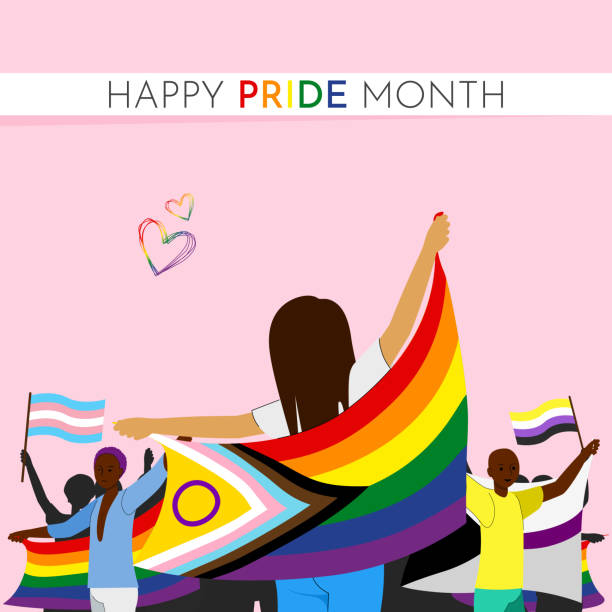 ludzie trzymający tęczowe flagi podczas miesiąca dumy i popierają równość i prawa - gay pride flag image lesbian homosexual stock illustrations