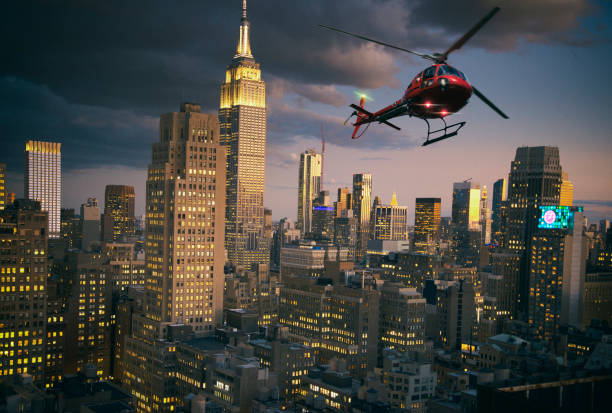 istock Helicopter over  Manhattan NY at sunset . 1497923516