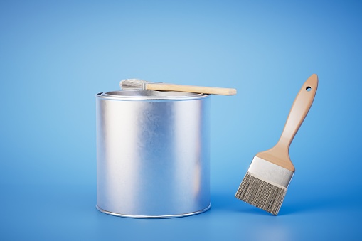 can of paint and brushes on blue background. 3d render.