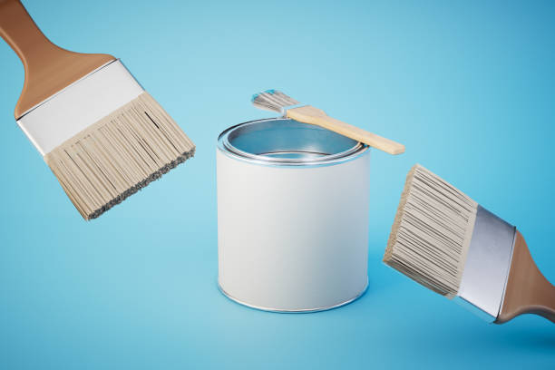 can of paint and brushes on blue background. 3d render