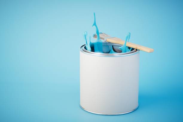 istock can of blue paint and brushes on blue background. 3d render 1497925404