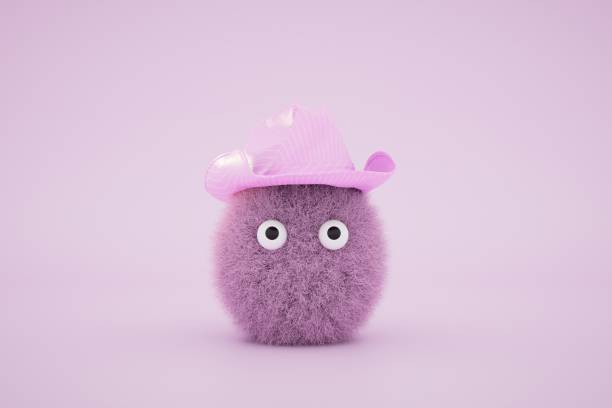istock Cute furry purple creature wearing a hat on a pastel background. 3D render 1497925480